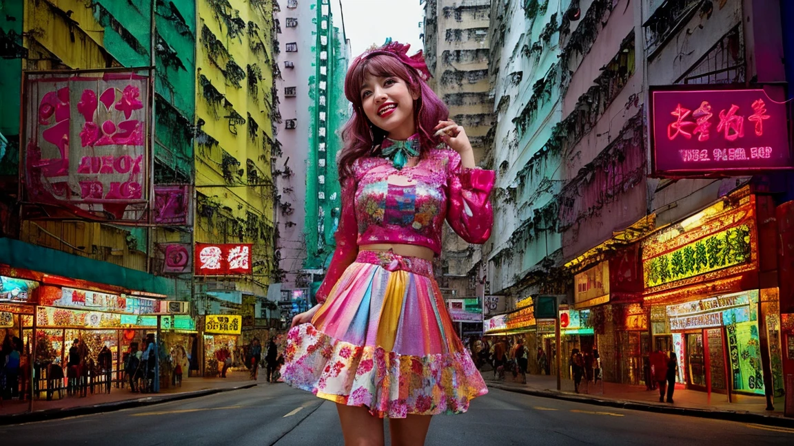 hong kong, day, ( low angle , view from below,) (Awkward,blush :1.3), Alafi girls take photos in colorful clothes, y 2 k cutecore crowncore, Lovely Decora Rainbow Core, Lovely high quality rendering, Candy Girl, Deco, Unreal Engine : : Carnival Makeup, Working Girl, raver girl, Carnival Costumes, Glitch Punk Girl, soda themed girl, Lively and cheerful, 80s pin-up style, 