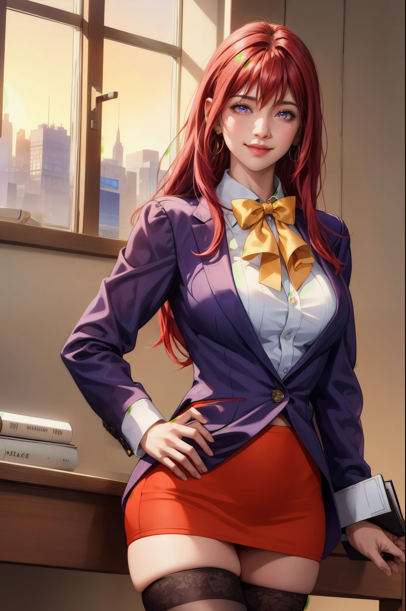 (high quality:1.2), intricate detailed, digital art,
TakashiroHiroko, 1girl, mature female, solo, hand on hip, holding book, cowboy shot,
looking at viewer, smile, blush,
purple eyes, long hair, red hair, earrings, jewelry,
teacher, blouse, bowtie, blazer, pencil skirt, thighhighs,
curvy, large breasts,
school, window, sky, sunlight, city, complex background, sunset,