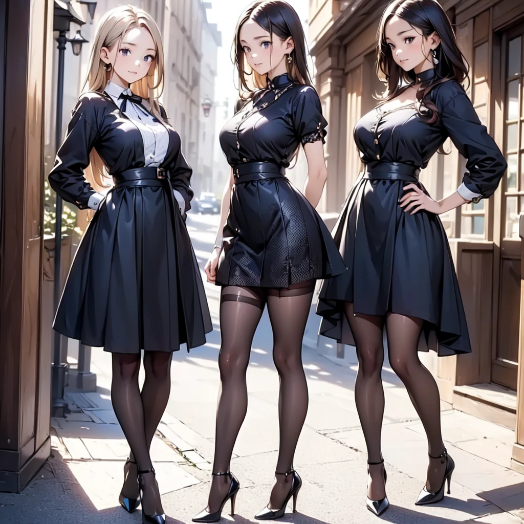 (masterpiece:1.3),(best quality, highest quality),((Full Body Shot,Including face)),3girls,8k,masterpiece,((Focus on the face)),((Symmetrical facial features)),Beautiful woman,(slender),((High heels,Patterned stockings with straps)),Detailed depiction of the face, Cafe clerk ,In front of the entrance,profile,(Long skirt)