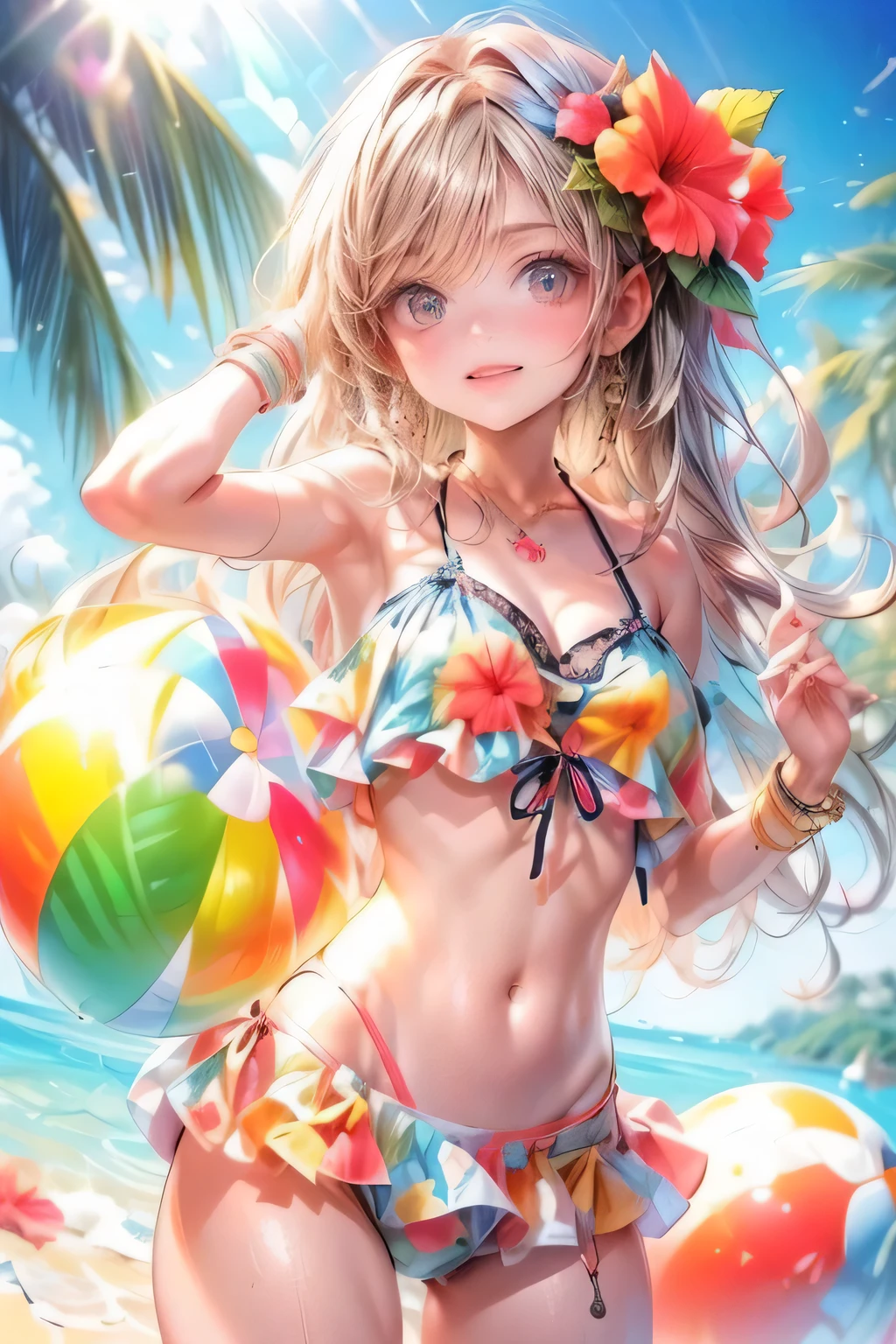 image that features a cute young girl in a bikini and a flower in her hair, A scene where you hold your hands up and look up at the sky, 1girl, swimsuit, middle-breasts, flower, bikini, hair flower, hair ornament, solo, smile, long hair, jewelry, bandaid, frilled bikini, hibiscus, cleavage, bandages, bracelet, vibrant colors kawaii bikini, navel, frills, mole, beachball, looking at viewer, grin, necklace, from below:1.4, sun, lens flare,