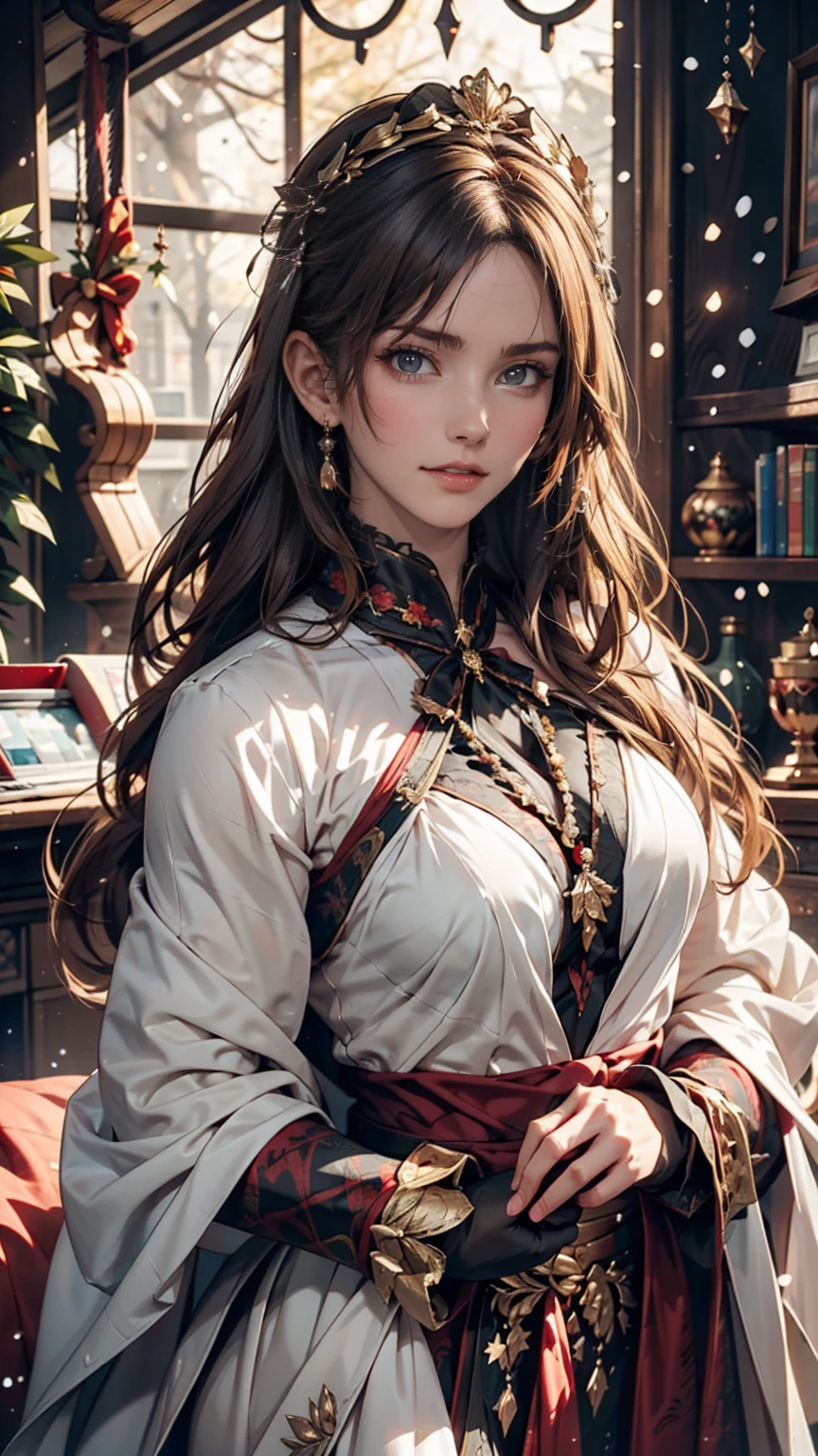 Portrait of a beautiful empress, Blonde, Perfect Blue Eyes, wonderful, An incredibly impressive large Christmas headpiece, Clothing Santa Robe, All about Christmas, snow, Symmetric, Dramatic studio lighting, Rococo, Baroque, green, Asian, Hyperrealism, close, is&is, Fantasy, Complex, elegant, Very detailed, Digital Painting, Art Station, Octane Rendering, 8k, Concept Art, mat, Sharp focus