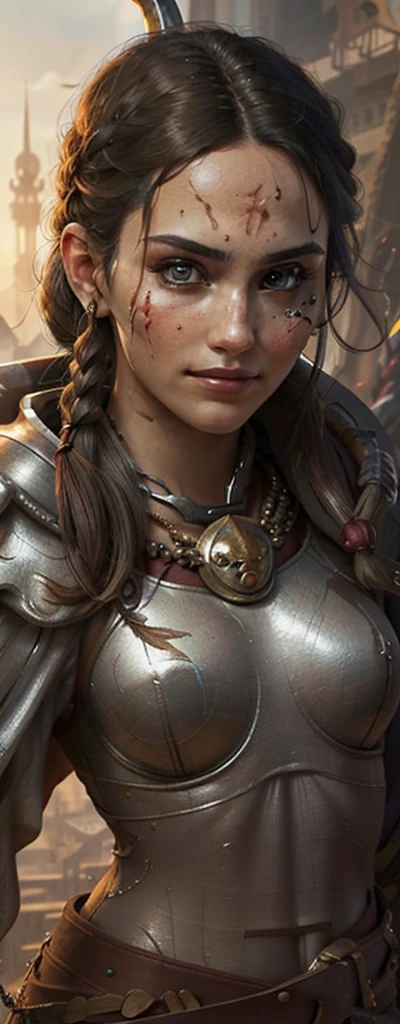 Photo of adepta sororitas, argent shroud, full armor, full metal armor, Christina Chong beautiful face, narrowed eyes. smirk. black braided hair with narrowed eyes, wearing intricate ornamented metal armor, stern face,, solo, (female:1.2), epic, platinum white armor, white pelvic curtain, bronze trimmings, , facial scar, iron halo, ((upper body:1.3)) focus, close-up, banner background,
