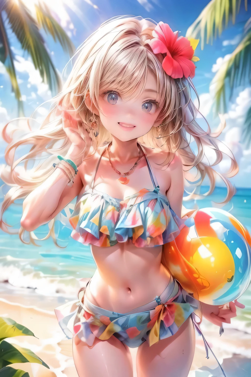 image that features a cute young girl in a bikini and a flower in her hair, A scene where you hold your hands up and look up at the sky, 1girl, swimsuit, middle-breasts, flower, bikini, hair flower, hair ornament, solo, smile, long hair, jewelry, bandaid, frilled bikini, hibiscus, cleavage, bandages, bracelet, vibrant colors kawaii bikini, navel, frills, mole, beachball, looking at viewer, grin, necklace, from below:1.4, sun, lens flare, 