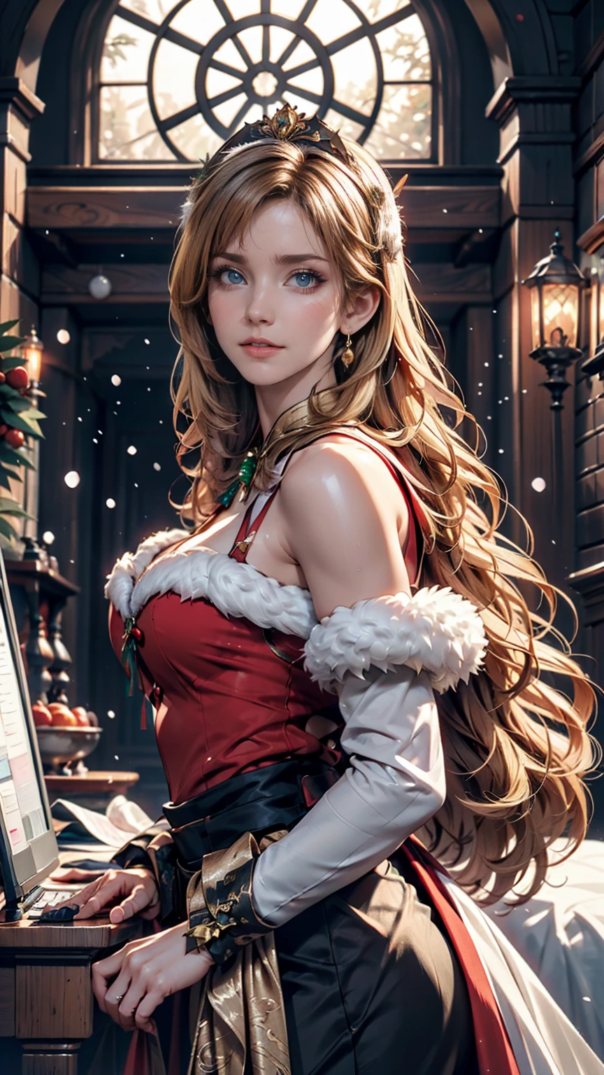 Portrait of a beautiful empress, Blonde, Perfect Blue Eyes, wonderful, An incredibly impressive large Christmas headpiece, Clothing Santa Robe, All about Christmas, snow, Symmetric, Dramatic studio lighting, Rococo, Baroque, green, Asian, Hyperrealism, close, is&is, Fantasy, Complex, elegant, Very detailed, Digital Painting, Art Station, Octane Rendering, 8k, Concept Art, mat, Sharp focus