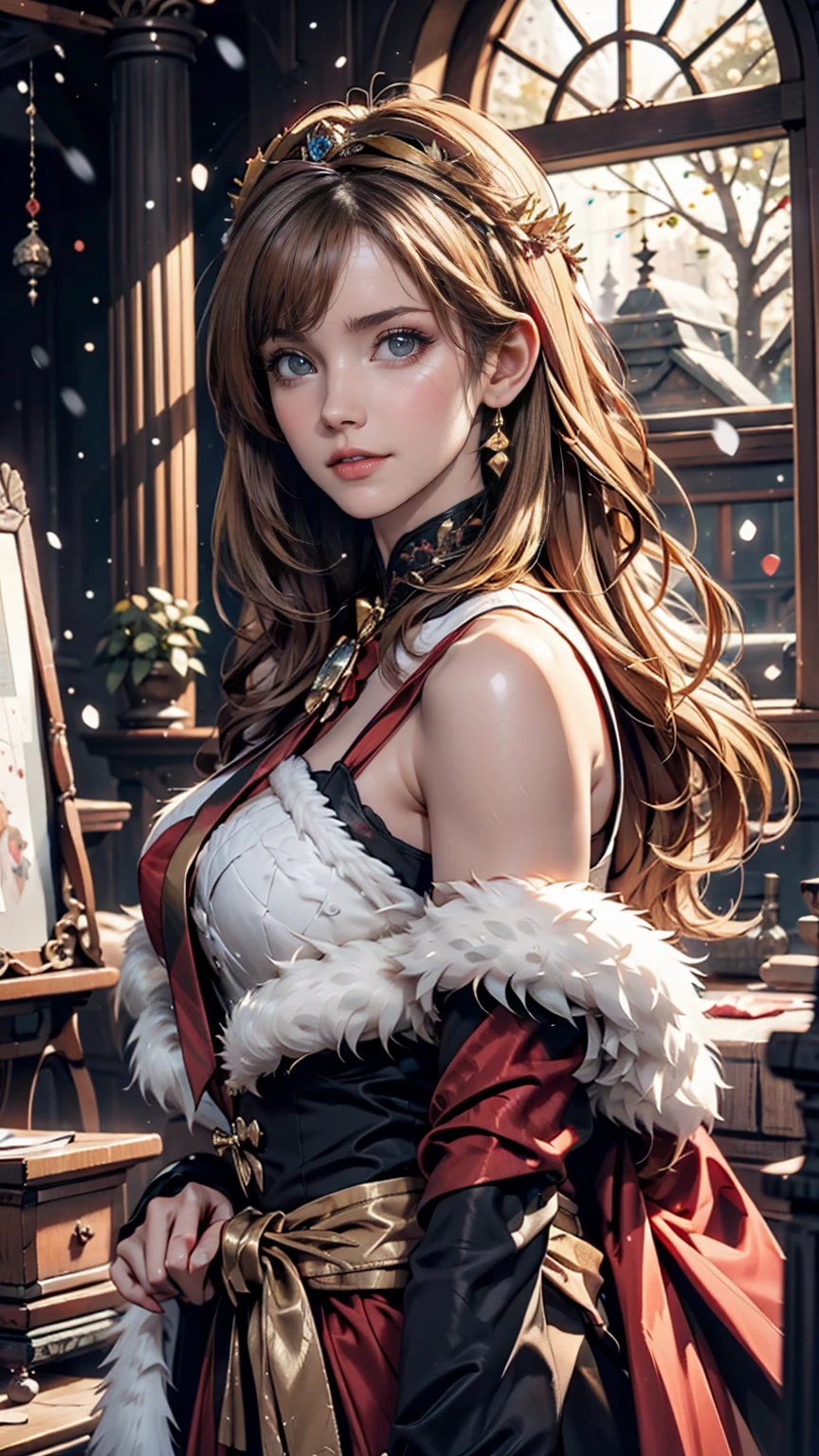 Portrait of a beautiful empress, Blonde, Perfect Blue Eyes, wonderful, An incredibly impressive large Christmas headpiece, Clothing Santa Robe, All about Christmas, snow, Symmetric, Dramatic studio lighting, Rococo, Baroque, green, Asian, Hyperrealism, close, is&is, Fantasy, Complex, elegant, Very detailed, Digital Painting, Art Station, Octane Rendering, 8k, Concept Art, mat, Sharp focus