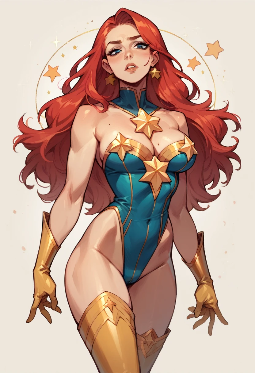 masterpiece, Sexy, Superheroine, Red hair, long hair, busty, ((blue highleg leotard with a t-back thong and a gold star insignia on chest)), gold boots, gold gloves,