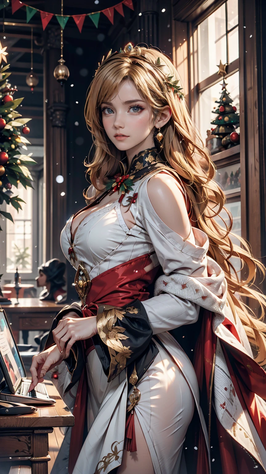 Portrait of a beautiful empress, Blonde, Perfect Blue Eyes, wonderful, An incredibly impressive large Christmas headpiece, Clothing Santa Robe, All about Christmas, snow, Symmetric, Dramatic studio lighting, Rococo, Baroque, green, Asian, Hyperrealism, close, is&is, Fantasy, Complex, elegant, Very detailed, Digital Painting, Art Station, Octane Rendering, 8k, Concept Art, mat, Sharp focus