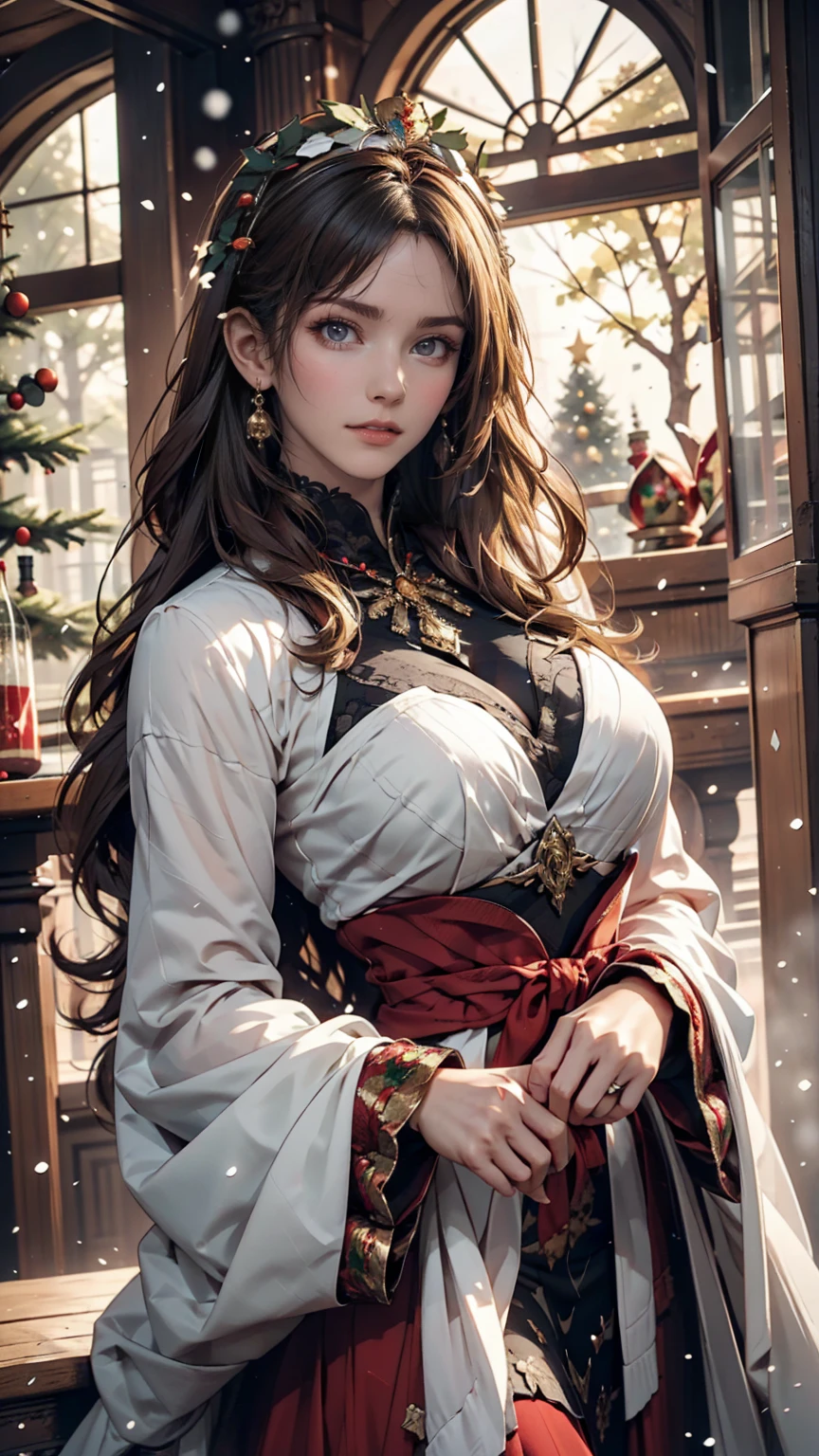 Portrait of a beautiful empress, Blonde, Perfect Blue Eyes, wonderful, An incredibly impressive large Christmas headpiece, Clothing Santa Robe, All about Christmas, snow, Symmetric, Dramatic studio lighting, Rococo, Baroque, green, Asian, Hyperrealism, close, is&is, Fantasy, Complex, elegant, Very detailed, Digital Painting, Art Station, Octane Rendering, 8k, Concept Art, mat, Sharp focus