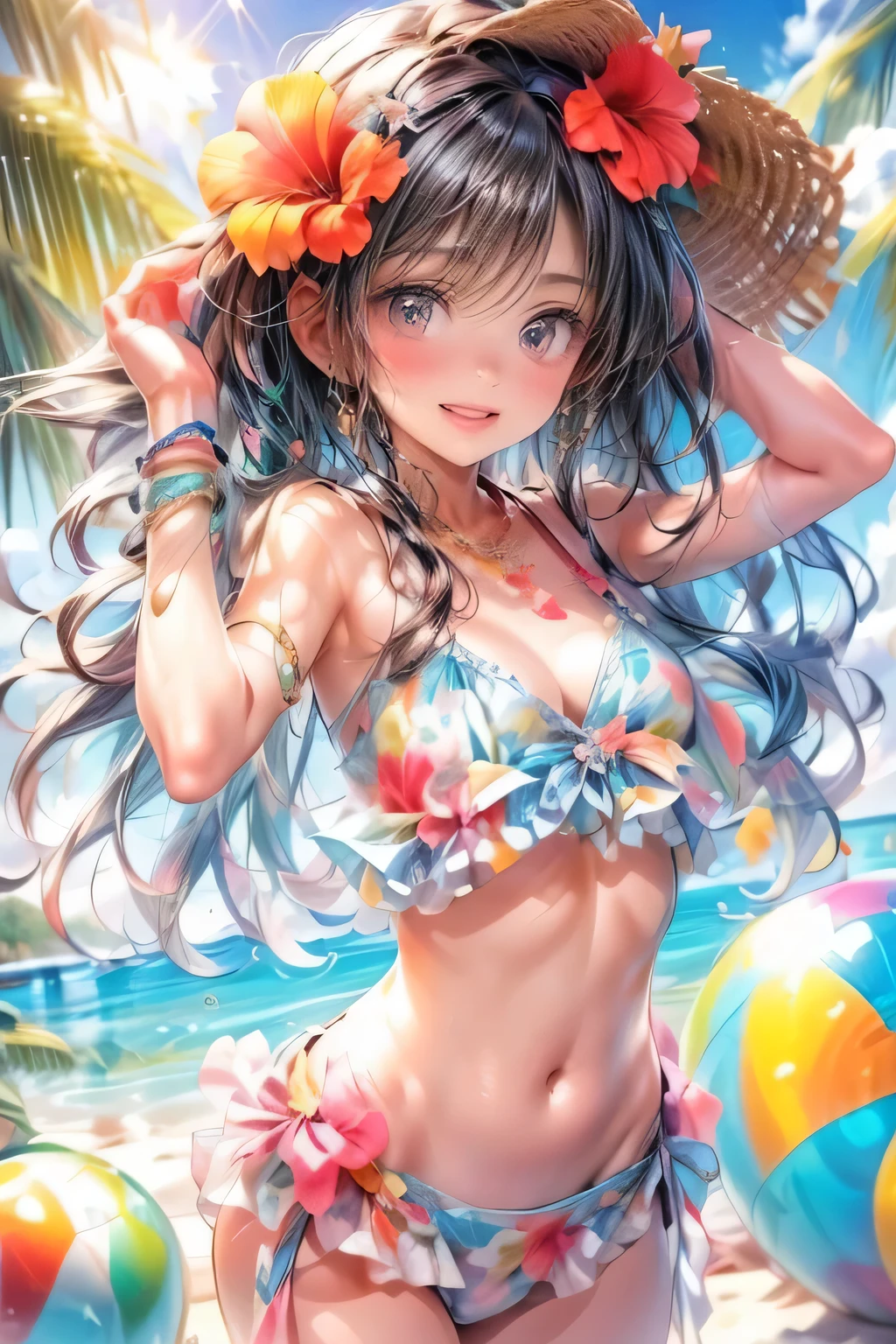 image that features a cute young girl in a bikini and a flower in her hair, A scene where you hold your hands up and look up at the sky, 1girl, swimsuit, middle-breasts, flower, bikini, hair flower, hair ornament, solo, smile, long hair, jewelry, bandaid, frilled bikini, hibiscus, cleavage, bandages, bracelet, vibrant colors kawaii bikini, navel, frills, mole, beachball, looking at viewer, grin, necklace, from below:1.4, sun, lens flare,
