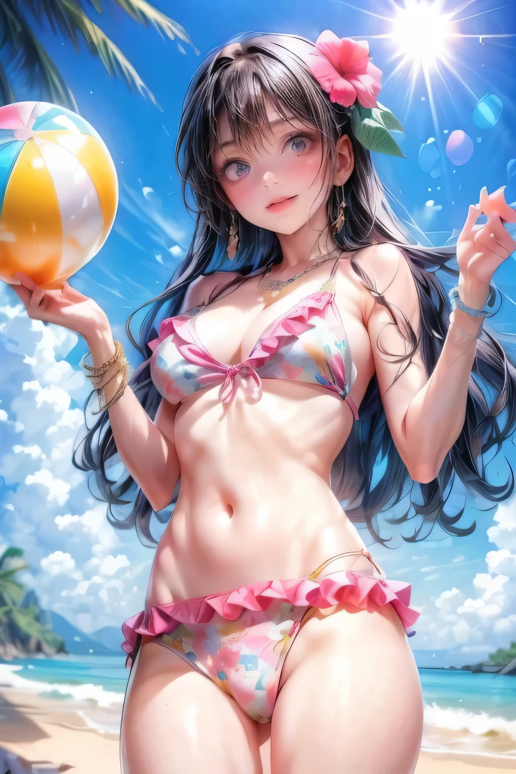 image that features a cute young girl in a bikini and a flower in her hair, A scene where you hold your hands up and look up at the sky, 1girl, swimsuit, middle-breasts, flower, bikini, hair flower, hair ornament, solo, smile, long hair, jewelry, bandaid, frilled bikini, hibiscus, cleavage, bandages, bracelet, vibrant colors kawaii bikini, navel, frills, mole, beachball, looking at viewer, grin, necklace, from below:1.4, sun, lens flare, 