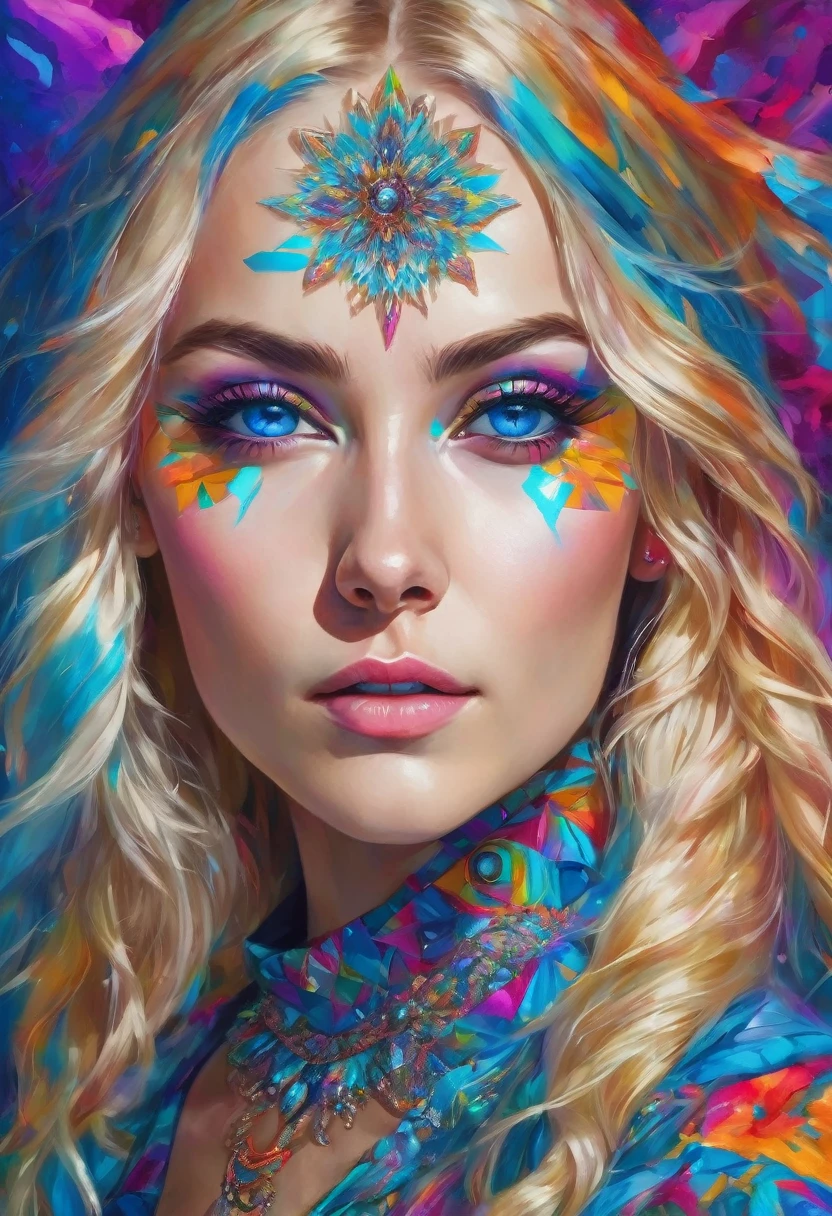 A stunning digital portrait of a woman with piercing blue eyes and flowing blonde hair, adorned with vibrant makeup and surrounded by a kaleidoscope of bright, bold colors.