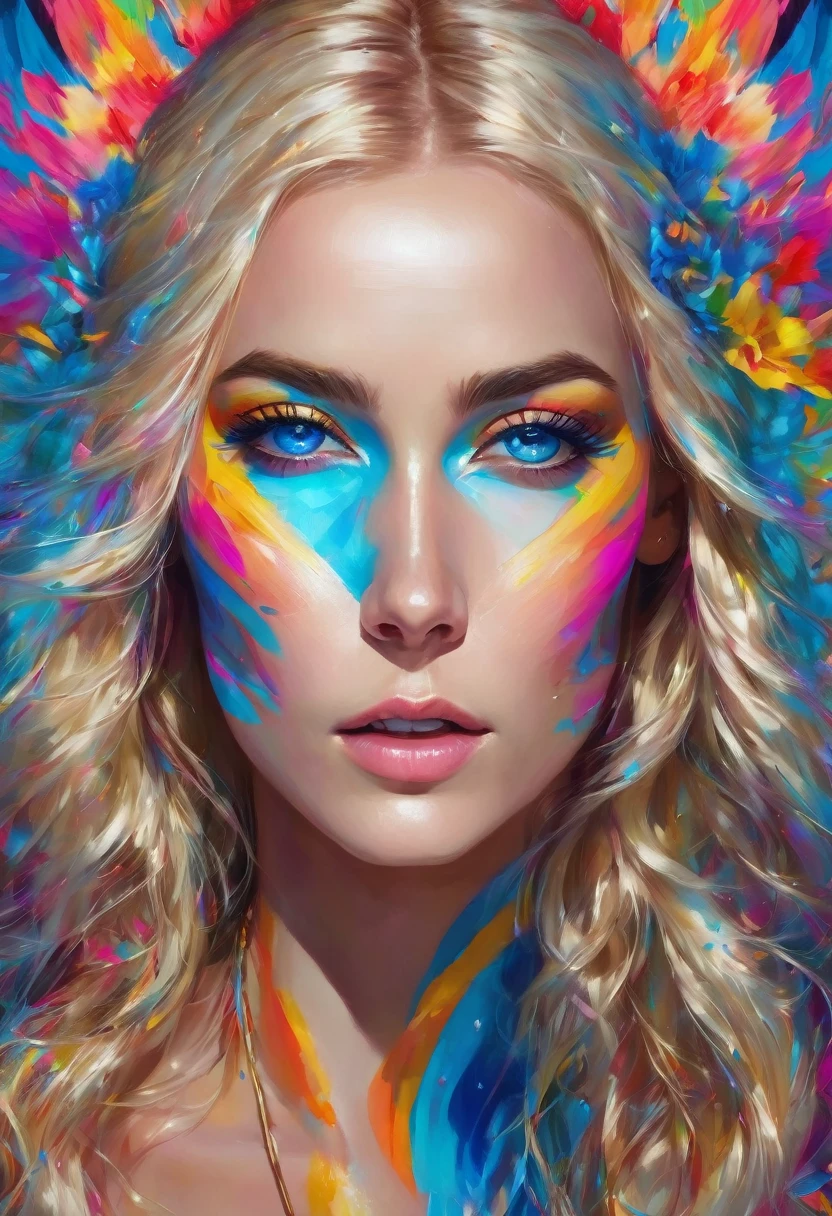 A stunning digital portrait of a woman with piercing blue eyes and flowing blonde hair, adorned with vibrant makeup and surrounded by a kaleidoscope of bright, bold colors.