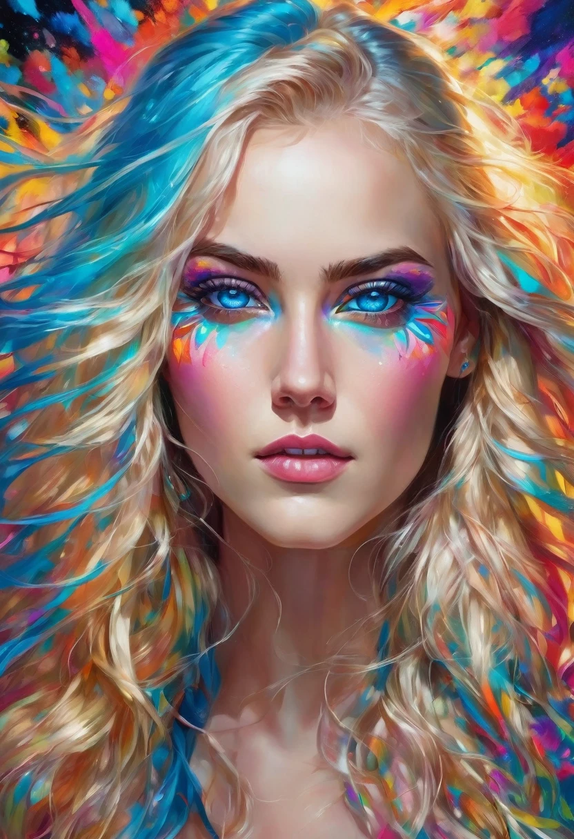 A stunning digital portrait of a woman with piercing blue eyes and flowing blonde hair, adorned with vibrant makeup and surrounded by a kaleidoscope of bright, bold colors.