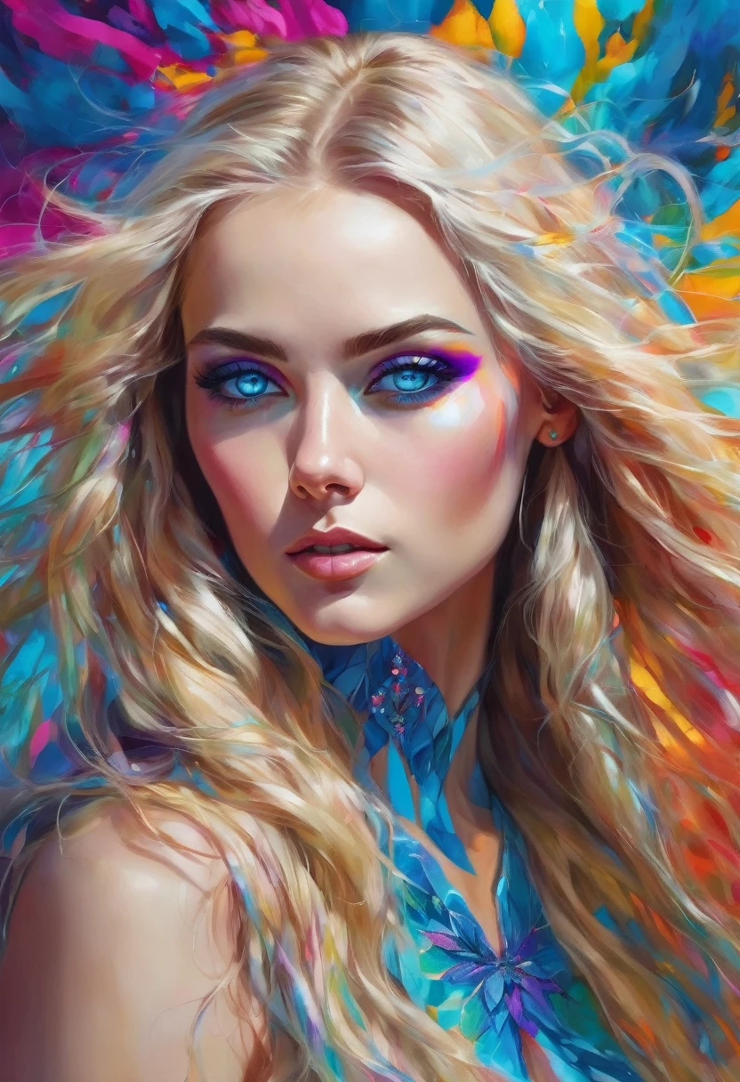 A stunning digital portrait of a woman with piercing blue eyes and flowing blonde hair, adorned with vibrant makeup and surrounded by a kaleidoscope of bright, bold colors.