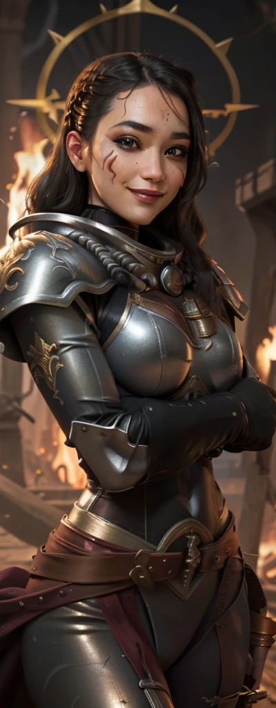 Photo of adepta sororitas, argent shroud, full armor, full metal armor, Christina Chong beautiful face, narrowed eyes. smirk. black braided hair with narrowed eyes, wearing intricate ornamented metal armor, stern face,, solo, (female:1.2), epic, platinum white armor, white pelvic curtain, bronze trimmings, , facial scar, iron halo, ((upper body:1.3)) focus, close-up, banner background,
