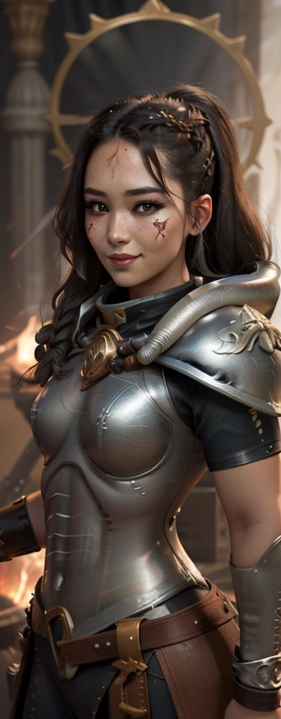 Photo of adepta sororitas, argent shroud, full armor, full metal armor, Christina Chong beautiful face, narrowed eyes. smirk. black braided hair with narrowed eyes, wearing intricate ornamented metal armor, stern face,, solo, (female:1.2), epic, platinum white armor, white pelvic curtain, bronze trimmings, , facial scar, iron halo, ((upper body:1.3)) focus, close-up, banner background,
