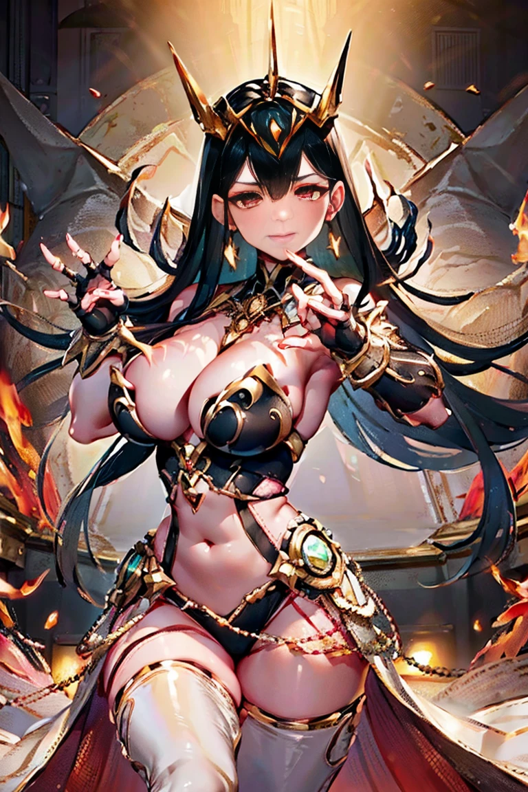 black hair, bare shoulder, red eyes, very long hair, cleavage, large breasts, dress, showgirl skirt, high-leg, cleavage cutout, tiara, bare thighs, gauntlets, bare shoulder, (((extremely detailed hands and fingers, ultra detailed hands and fingers, super detailed hands and fingers, perfect hands, perfect fingers, accurate hands and fingers, 5 fingers accurate hands and fingers, beautiful hands and fingers))), adult face, fearless face,