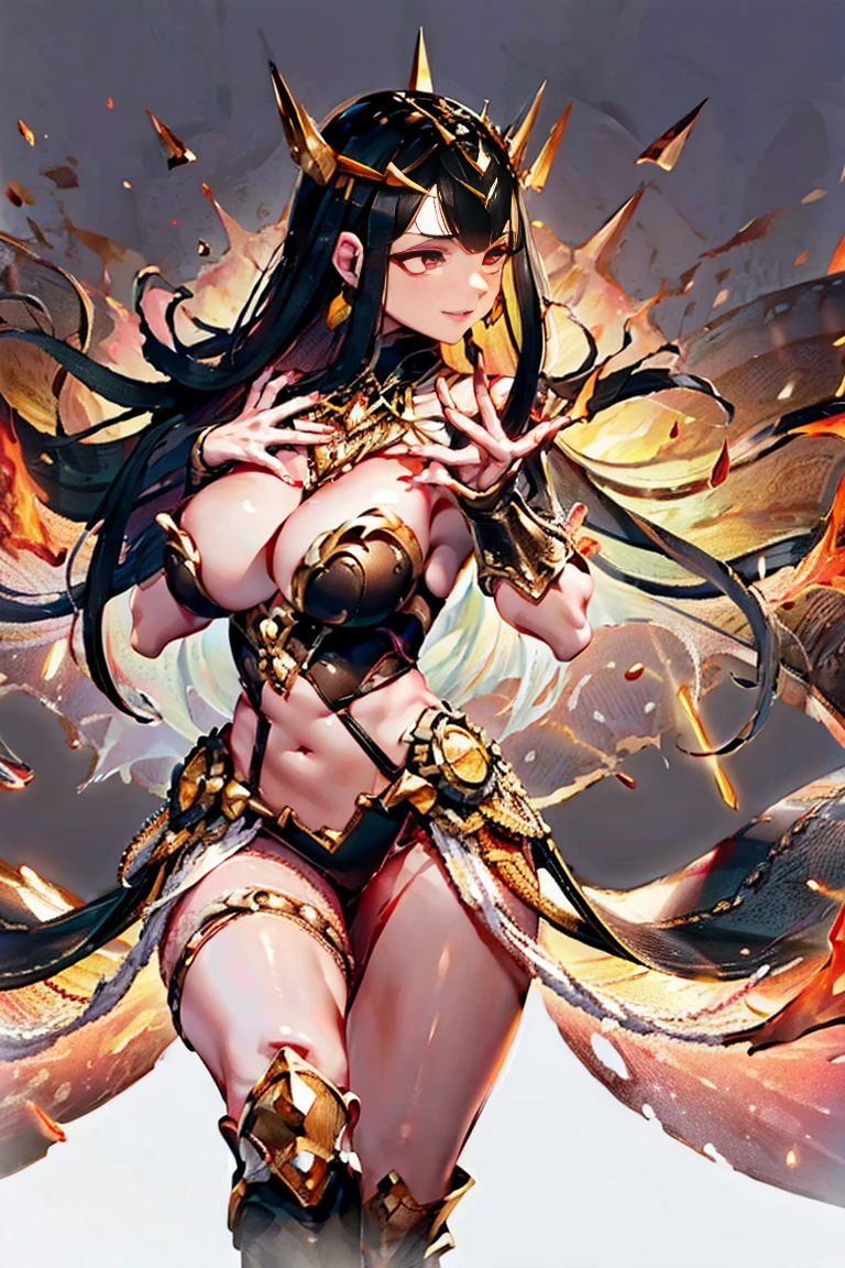 black hair, bare shoulder, red eyes, very long hair, cleavage, large breasts, dress, showgirl skirt, high-leg, cleavage cutout, tiara, bare thighs, gauntlets, bare shoulder, (((extremely detailed hands and fingers, ultra detailed hands and fingers, super detailed hands and fingers, perfect hands, perfect fingers, accurate hands and fingers, 5 fingers accurate hands and fingers, beautiful hands and fingers))), adult face, fearless face,