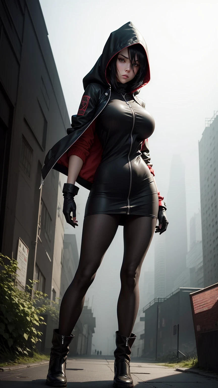 Silent hill city, fog, huge , huge hips, darkness woman black hair, full zip coat black, long polo shirt, pencil mini skirt, pantyhose, hood, gloves, knife, fog, strong stance,