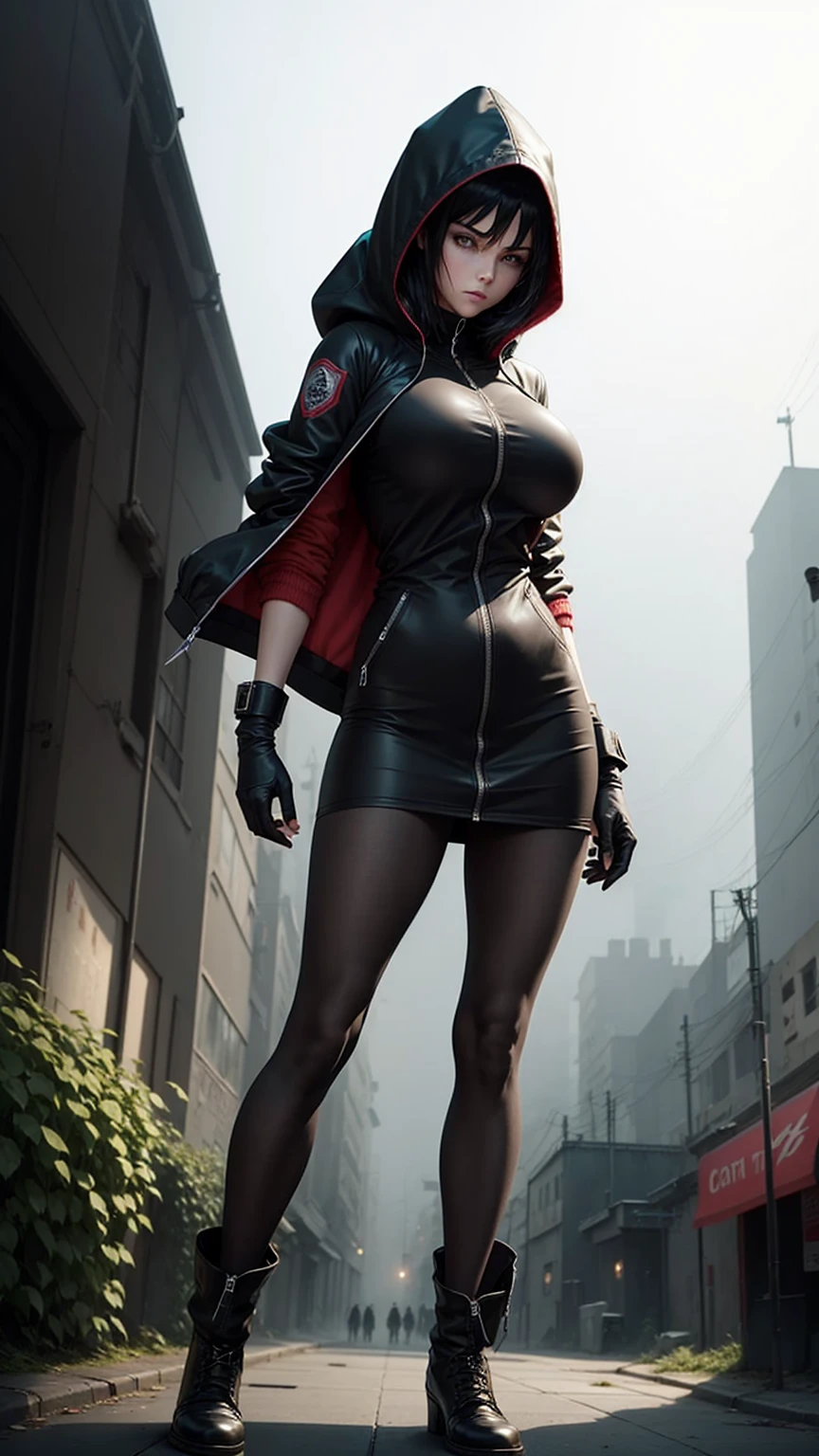 Silent hill city, fog, huge , huge hips, darkness woman black hair, full zip coat black, long polo shirt, pencil mini skirt, pantyhose, hood, gloves, knife, fog, strong stance,