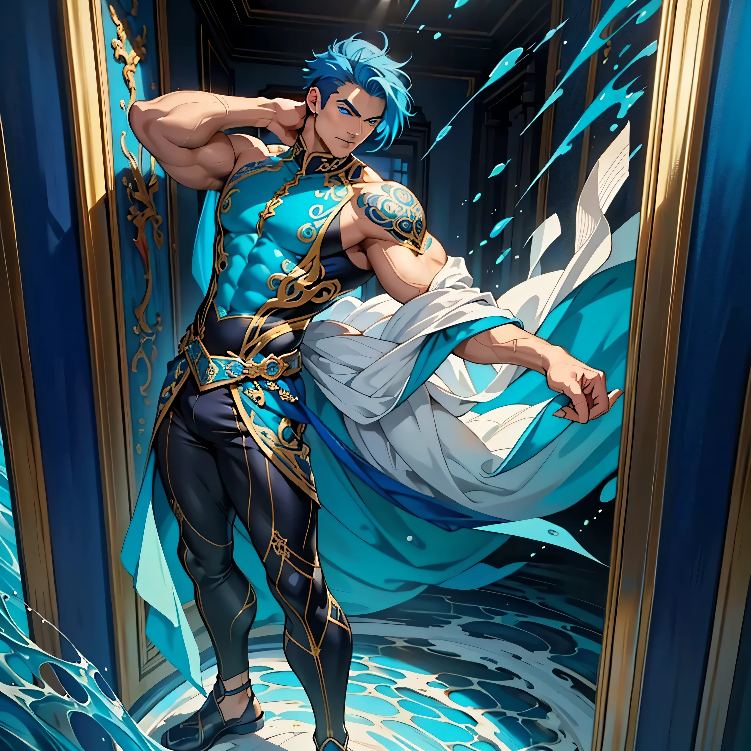 masterpiece, Best Quality, painting of ((a strikingly handsome and muscular man with short vibrant blue hair and captivating blue eyes.)), dressed in an intricate dark blue costume, inspired by the ocean, exuding confidence, depicted in a dynamic full body pose