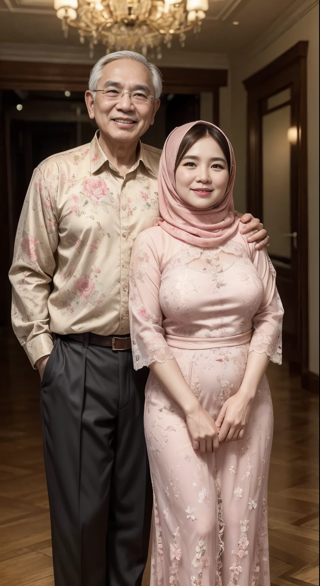 (masterpiece, best quality:1.2), cowboy shot, solo, 1 malay girl and 1 malay Old man, smile, couple naked, pastel red floral lace hijab, Old man behind in girl, Old man husband and wife girl.