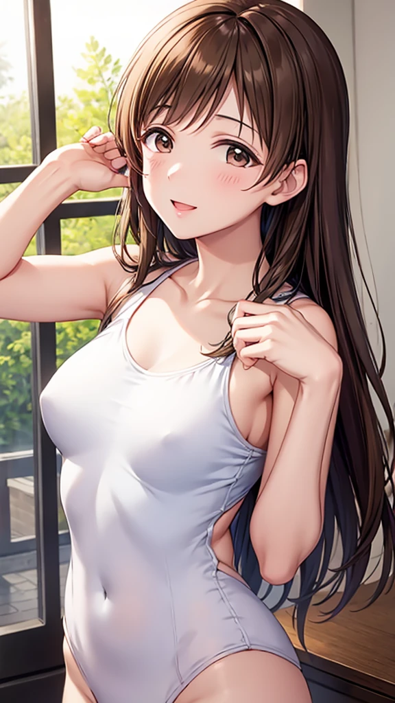 Highest quality、Masterpiece、(Rhythmic gymnastics arena)、(Nitta Minami、Long Hair、Mid-chest、Brown Hair、Brown eyes、Glossy Lips、Glowing Skin、Realistic skin texture、White leotard、Strike a Pose)、Look at me、love me、blush、Laughing with your mouth open)、(Bust Shot、Very close)