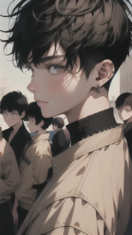 (Masterpiece), (Best Quality), Very detailed, (( 7 Friends:1.5)), Perfect Face, Beautiful Face, Very detail, (short Black-haired man), (short Silver-haired man), (short Blonde-haired man), (mid Dark-curly haired man), (short Golden-haired man), (short Brown-haired man), (short White-haired man)、shirt、standing at a distance, facing away from the camera