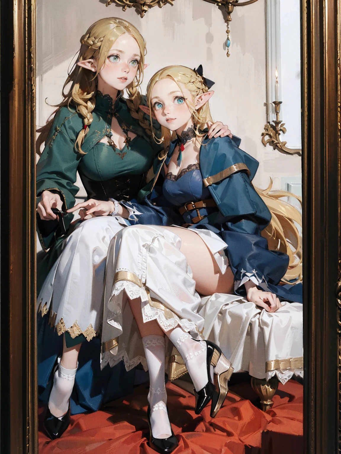Gothic fashion woman,(masterpiece, Highest quality) detailed,Silver Accessories , blonde ,Pointy Ears ,Lace Underwear,Double Tail,Waist-length hair,smile,White lace socks,Rococo、Gorgeous dress