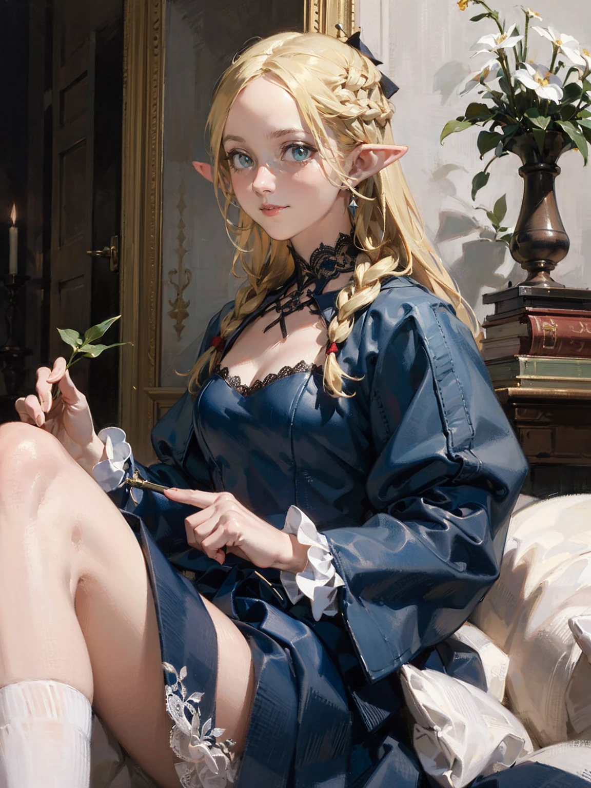 Gothic fashion woman,(masterpiece, Highest quality) detailed,Silver Accessories , blonde ,Pointy Ears ,Lace Underwear,Double Tail,Waist-length hair,smile,White lace socks,Rococo、Gorgeous dress