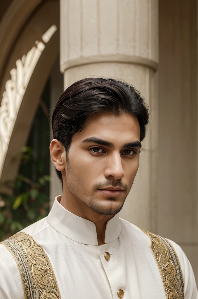 This male AI model from Islamabad, Pakistan, stands tall at 6.0 feet. He features a clear, white facial complexion that enhances his refined appearance. His short beard is meticulously groomed, and his perfectly chiseled jawline adds a strong, defined aspect to his face. His hazel eyes, rich with tones of green, gold, and brown, are complemented by dark eyebrows that frame them sharply. His sleek, black hair further accentuates his striking features, creating a sophisticated and distinguished look.