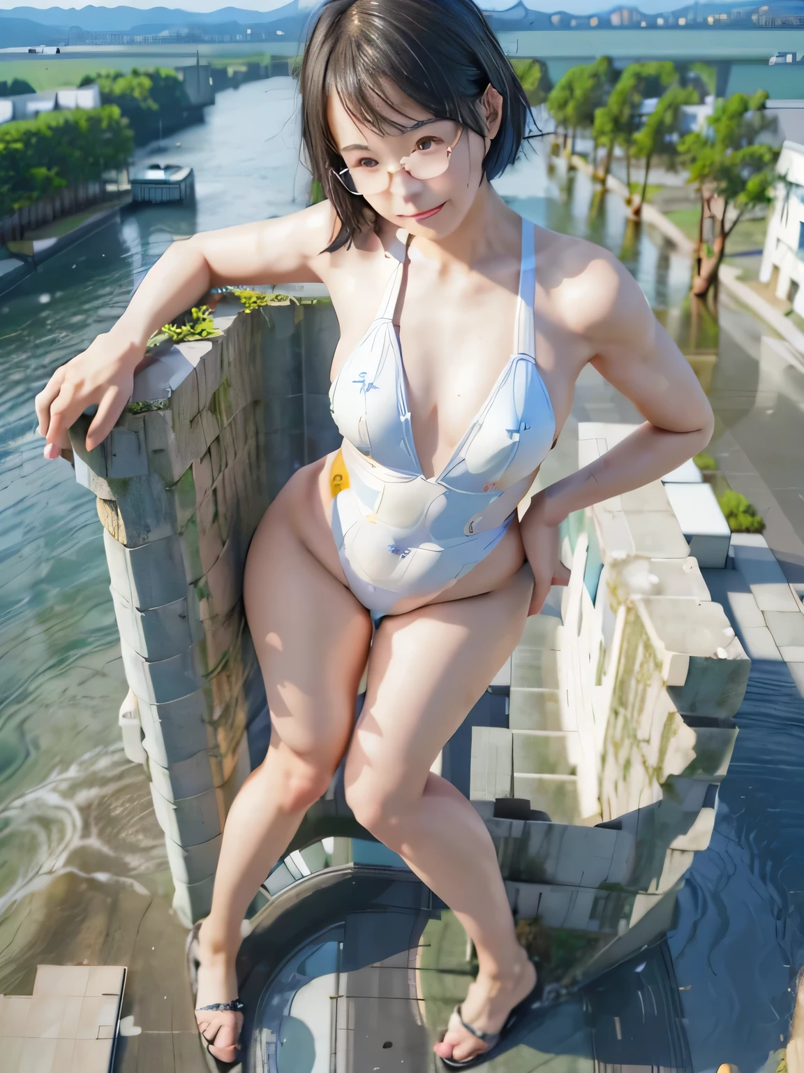 multiple girls, 3girls, standing, giantess art, highly detailed giantess shot, giantess, most detailed, perfect face, two legs, five fingers, short hair, beautiful girl bigger than a skyscraper, wearing rimless glasses, smiling, huge breasts, swimsuit, stiletto heels, under heavy attack, seaside metropolis, ocean, numerous miniature warships on the sea, very small metropolis, miniature metropolis, full body depiction, GTS, giga giantess, gigagts, trampling city, crush city, tiny city, micro city, high resolution, best quality, masterpiece,