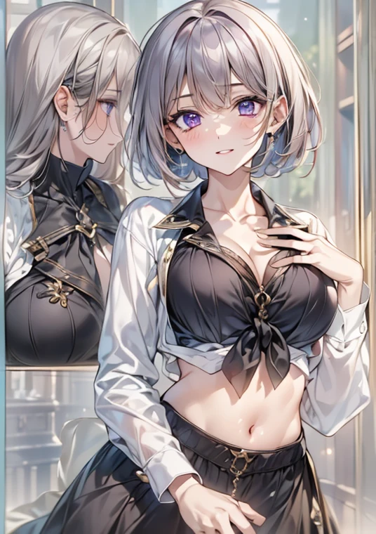 Masterpiece,Highest quality,8k,Ultra-high resolution,appropriate margins,lighting,whole body,BREAK,(1 person),Very beautiful and slim woman,She has very big breasts,has a large cleavage,The skin is moisturized,BREAK,Her hairstyle is a short black bob,BREAK,Forehead,mascara,Red eyeliner,Light pink lip,Thin teak,Thin eyebrows,BREAK,Light purple eyes,BREAK,Shy smile,BREAK,(Wearing an unbuttoned white shirt),BREAK,Standing posture