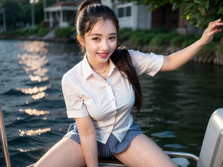 Gray background、pubic hair、Large Breasts、Thighs、Red lipstick、Cute woman、high school girl、White shirt、(Navy blue skirt)、smile、Open chest shirt、(A polka dot shirt that was wet and showed her underwear)、Wet Hair、Gazing at the blue sea、smile、On the boat、Raising his arms、Looking from below、ponytail、