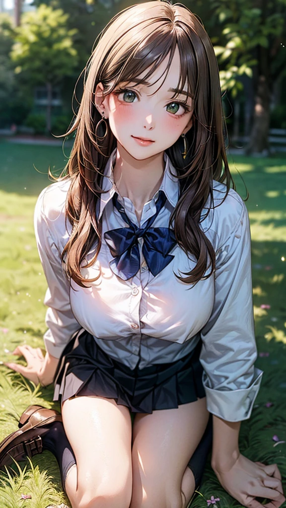 (masterpiece:1.2, top-quality), (realistic, photorealistic:1.4), beautiful illustration, (natural side lighting, movie lighting), 
looking at viewer, cowboy shot, front view:0.6, 1 girl, japanese, high school girl, perfect face, cute and symmetrical face, shiny skin, 
(long hair:1.8, straight hair:1.7, light brown hair), parted bangs, emerald green eyes, long eye lasher, (large breasts:0.9, thick thighs), 
beautiful hair, beautiful face, beautiful detailed eyes, beautiful clavicle, beautiful body, beautiful chest, beautiful thigh, beautiful legs, beautiful fingers, 
((, white collared shirts, black pleated mini skirt, black socks, brown loafers, red bow tie)), break, hoop ring earrings, pink panties, dark blue violet cardigan, break,
(beautiful scenery),
In a grassy field, a girl is on all fours, and a big dog is hugging her back from behind, and their bodies are piled on top of each other.
Her face is bright red and flushed with embarrassment.
