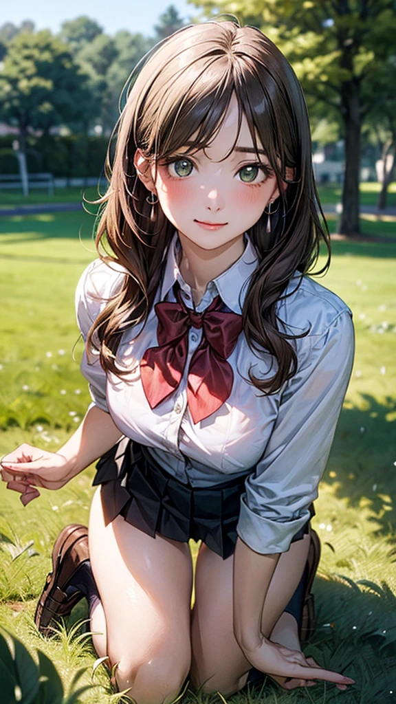 (masterpiece:1.2, top-quality), (realistic, photorealistic:1.4), beautiful illustration, (natural side lighting, movie lighting),
looking at viewer, cowboy shot, front view:0.6, 1 girl, japanese, high school girl, perfect face, cute and symmetrical face, shiny skin,
(long hair:1.8, straight hair:1.7, light brown hair), parted bangs, emerald green eyes, long eye lasher, (large breasts:0.9, thick thighs),
beautiful hair, beautiful face, beautiful detailed eyes, beautiful clavicle, beautiful body, beautiful chest, beautiful thigh, beautiful legs, beautiful fingers,
((, white collared shirts, black pleated mini skirt, black socks, brown loafers, red bow tie)), break, hoop ring earrings, pink panties, dark blue violet cardigan, break,
(beautiful scenery),
In a grassy field, a girl is on all fours, and a big dog is hugging her back from behind, and their bodies are piled on top of each other.
Her face is bright red and flushed with embarrassment.