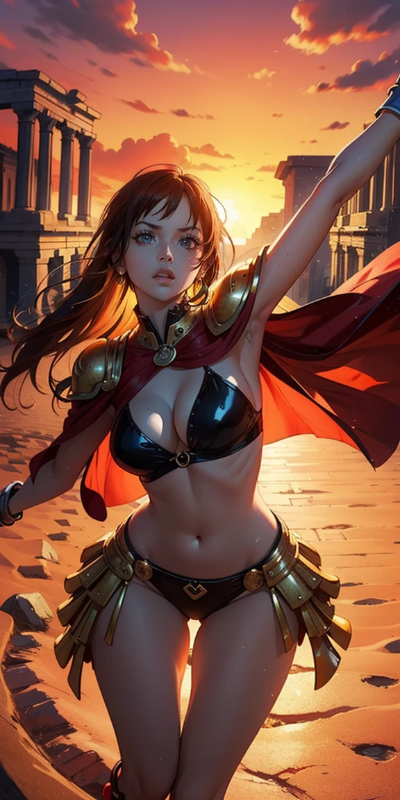 (best qualityer,4K,8k,high resolution,work of art:1.2),ultra detali,realisitic,Orange-haired Nami dressed as a sexy gladiator,beautiful detailed eyes,beautiful detailed lips,long eyelashes,confident expression,sparkling armor,flowing cape,shapely figure,athletic and graceful pose,background with ancient Roman Coliseum,triumphant sand,Fiery sunset,Tasteful composition,classic oil painting style,swirly vibrant colors,soft, warm lighting