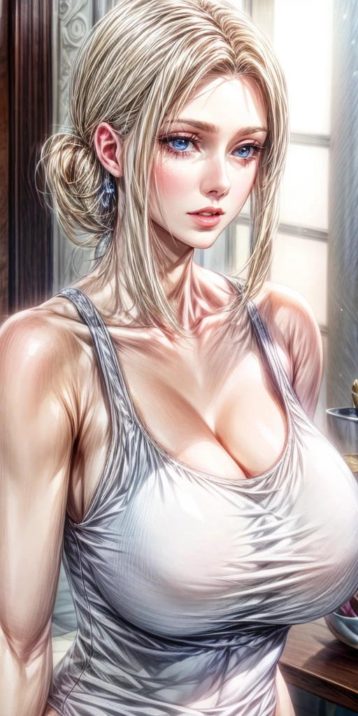 Elegant mature woman, blue eyes, blonde hair, soft light, 4k resolution, high quality, beautiful cg