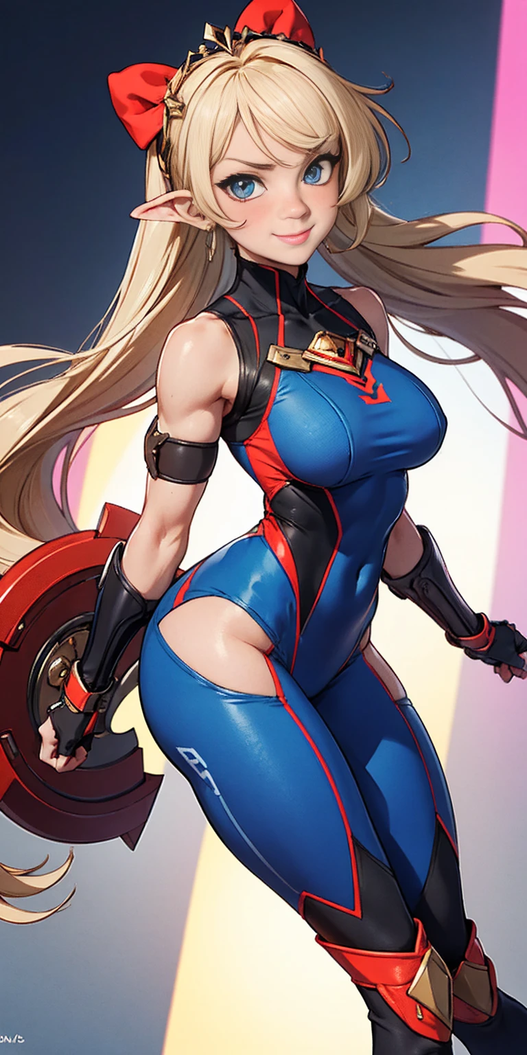whole body, red breastplate, Redskin, looking at the viewer, bright,armor, Thighs, waders,shoulder armor, failures, Poland, gloves, gauntlets, Rerebrace armored boots, shoulder pads,(Masterpiece, Best Quality, ultra detailed, best shadow) yordle (1 girl)( Redskin:1.2) pointy ears muscular lean platinum blonde long twin-tails hairstyle at the office lustful smirking smile face red blushed, blush, strong abs, female bodybuilder, tiara, double hair drills