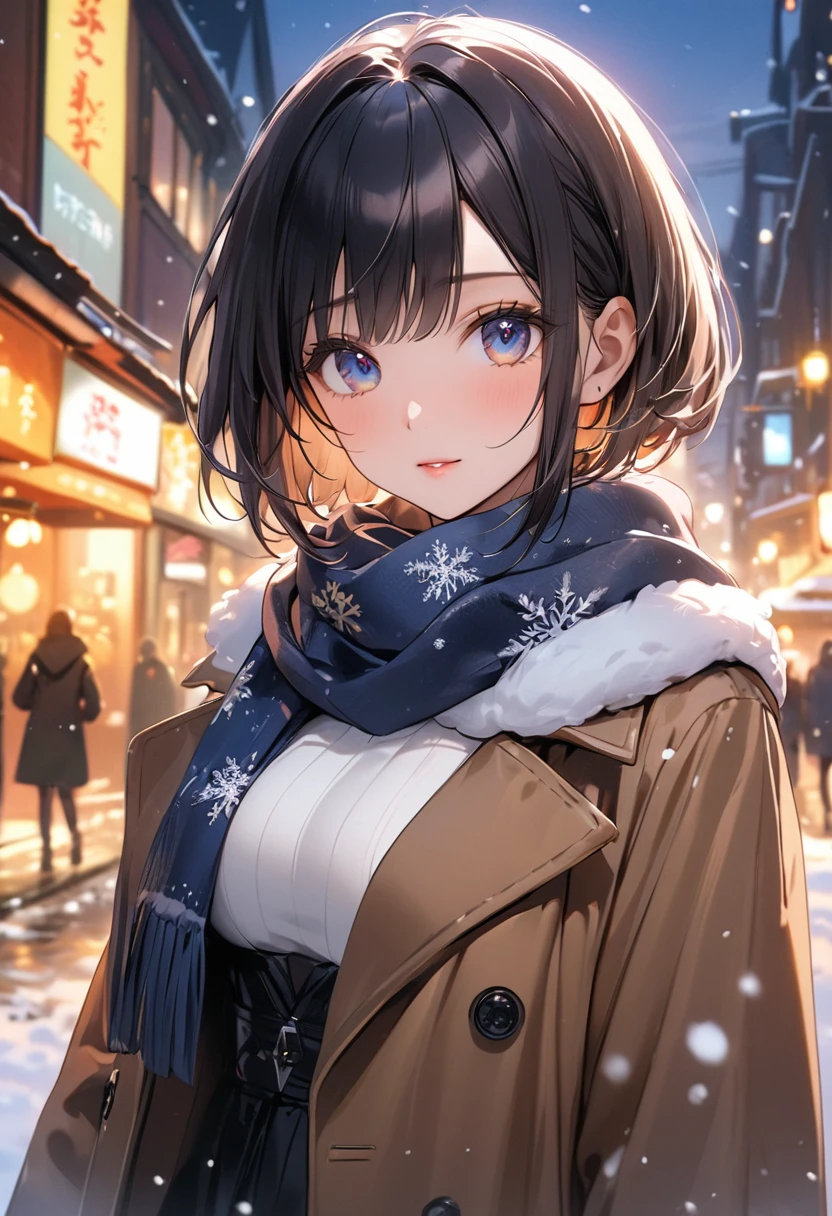 ((Highest quality))、((masterpiece))、(detailed)、((Anatomically correct))、One Woman、aldult、(look at me)、(Ultra-glossy skin with attention to detail:1.1)、Glowing Skin、bangs、pixie cut、Shiny black hair、(Beautiful Eyes:1.3)、Slim figure、titedium breasts、Brown long coat、Scarf、Downtown at night、snow、煌めくsnow、Upper Body