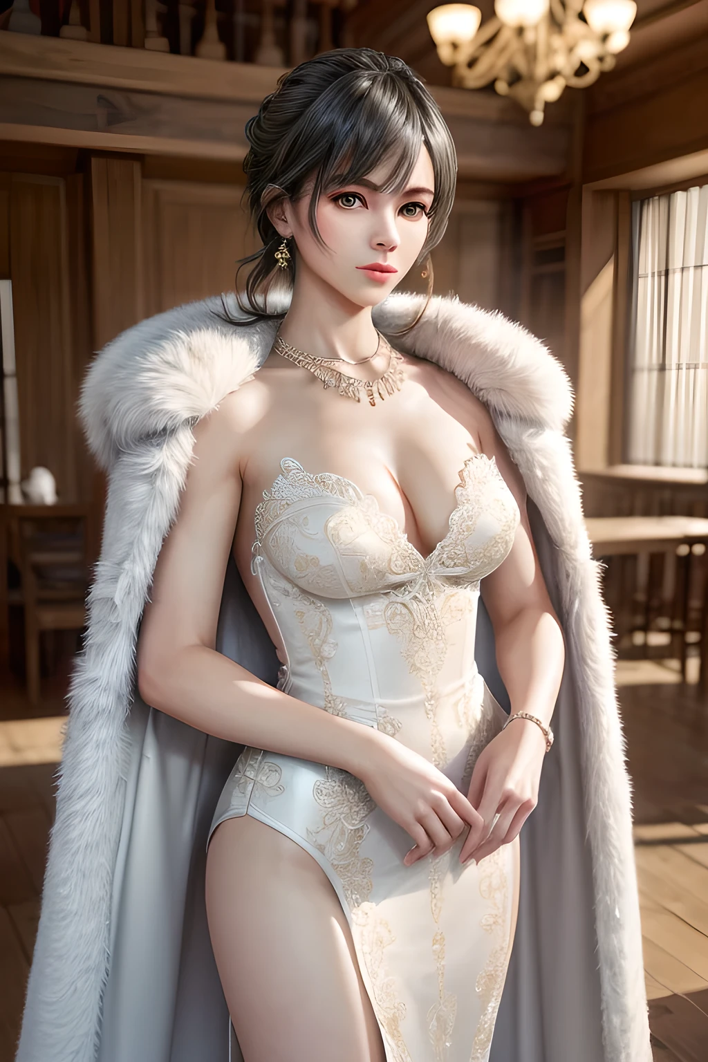 A lady with extraordinary temperament, she stands in a modern indoor space, as if she is a model from a fashion magazine. She is wearing a (pure white long fur cape), the softness and luster of which makes her look more noble under the light, and complements her (beige dress) underneath, showing her gentle temperament while maintaining a sense of fashion. The style of the dress is simple and generous, a perfect match, and it lengthens her figure, making her tall and charming. The lady's makeup is delicate and elegant, which just highlights her facial features and makes people unforgettable at first sight. Although the earrings and necklace she wears are not ostentatious, they add a bit of sophistication and nobility to her overall look. Her hair is casually draped over her shoulders, and every strand of hair exudes a natural luster,, (best quality,8k,highres,masterpiece:1.2),ultra-detailed,(realistic,photorealistic,photo-realistic:1.37),studio lighting,ultra-fine painting,sharp focus,physically-based rendering,extreme detail description,professional,vivid colors