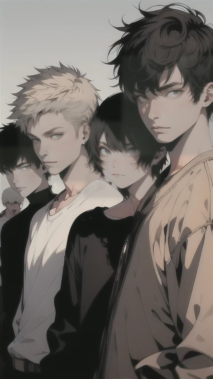 (Masterpiece), (Best Quality), Very detailed, (( 7 Friends:1.5)), Perfect Face, Beautiful Face, Very detail, (short Black-haired man), (short Silver-haired man), (short Blonde-haired man), (short Dark-curly haired man), (short Golden-haired man), (short Brown-haired man), (short White-haired man)、shirt、standing at a distance, facing away from the camera