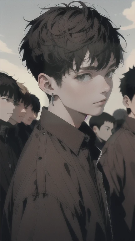 (Masterpiece), (Best Quality), Very detailed, (( 7 Friends:1.5)), Perfect Face, Beautiful Face, Very detail, (short Black-haired man), (short Silver-haired man), (short Blonde-haired man), (short Dark-curly haired man), (short Golden-haired man), (short Brown-haired man), (short White-haired man)、shirt、standing at a distance, facing away from the camera