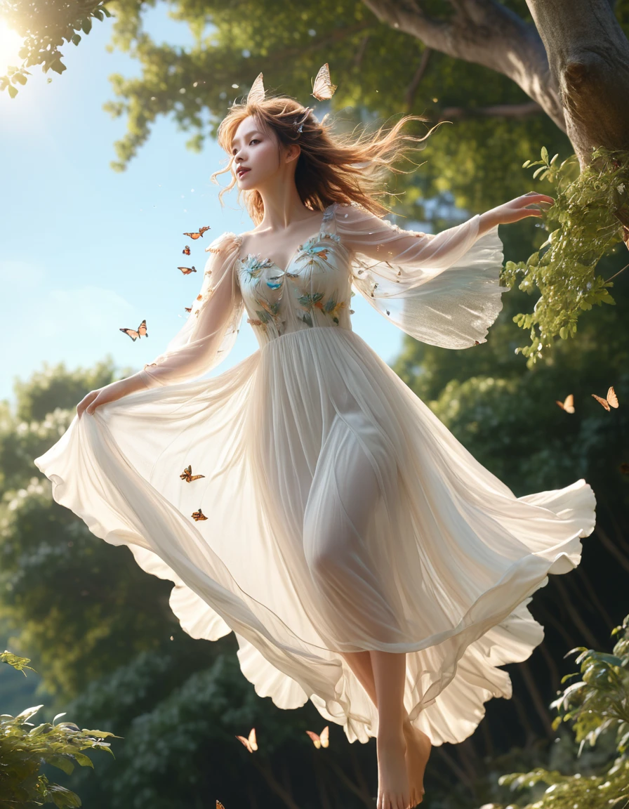 A fairy flying from a tall tree、Butterfly Wings、White sheer dress、Dress with hair fluttering in the wind、Low angle shot:1.7、(Highest quality、4K、8k、High resolution、masterpiece:1.2)、Super detailed、(Real、Photorealistic、Photorealistic:1.37)、Detailed fairy、詳細なButterfly Wings、Detailed sheer dress、Detailed flying poses、Detailed windblown hair、Detailed low angle perspective、Fantasy、magical realism、Ethereal、Shine、Warm lighting、Bright colors