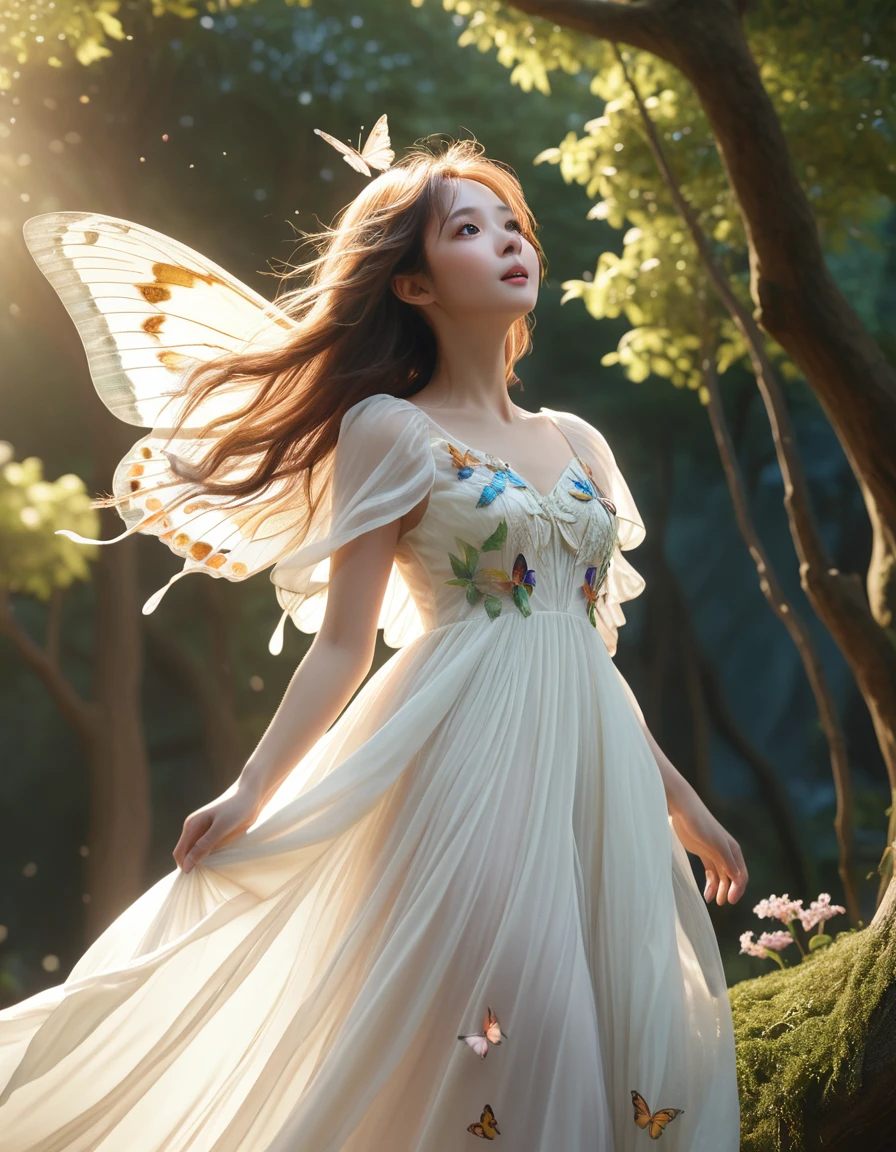 A fairy flying from a tall tree、Butterfly Wings、White sheer dress、Dress with hair fluttering in the wind、Low angle shot:1.7、(Highest quality、4K、8k、High resolution、masterpiece:1.2)、Super detailed、(Real、Photorealistic、Photorealistic:1.37)、Detailed fairy、詳細なButterfly Wings、Detailed sheer dress、Detailed flying poses、Detailed windblown hair、Detailed low angle perspective、Fantasy、magical realism、Ethereal、Shine、Warm lighting、Bright colors