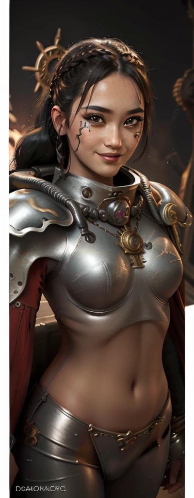Photo of adepta sororitas, argent shroud, full armor, full metal armor, Christina Chong beautiful face, narrowed eyes. smirk. black braided hair with narrowed eyes, wearing intricate ornamented metal armor, stern face,, solo, (female:1.2), epic, platinum white armor, white pelvic curtain, bronze trimmings, , facial scar, iron halo, ((upper body:1.3)) focus, close-up, banner background,