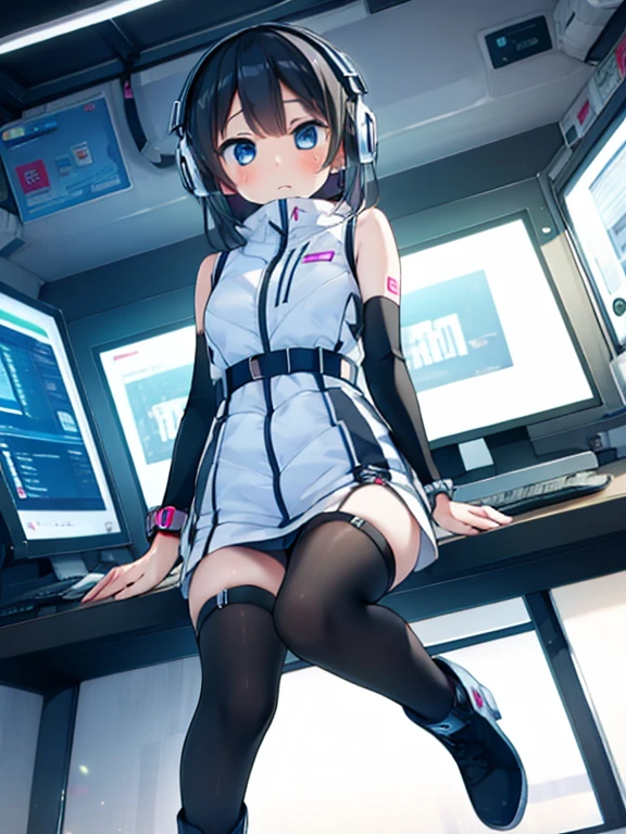 (Highest quality), (masterpiece), 1080P, High resolution, 4K, 8k, Inside the space station、Futuristic room、jumping:1.5,zero gravity,floating,Thigh straps, Shooting from directly below, The woman on top of me, 白いSweat, Covered , Sweat, Woman looking down, Skirt swimsuit, I can see your pants。BREAK black long sleeves,black tights,BREAK thigh-high socks, futuristic boots,headphone,To achieve this, 16 years old, , whole body, Black leather shoes, Braided hair, Inner Color, Embarrassed face, Short black hair, bracelet, Bedroom,white downVest,celestial body_Vest