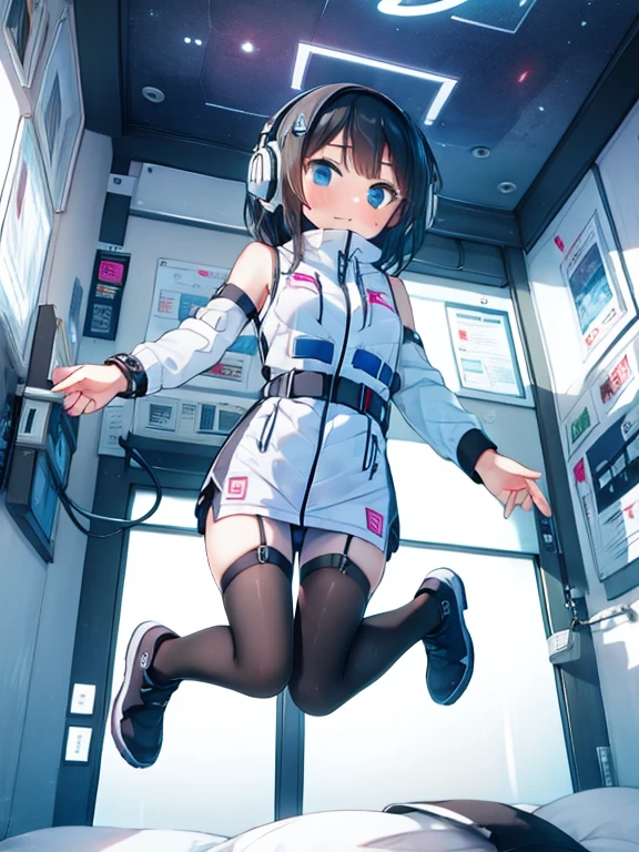 (Highest quality), (masterpiece), 1080P, High resolution, 4K, 8k, Inside the space station、Futuristic room、jumping:1.5,zero gravity,floating,Thigh straps, Shooting from directly below, The woman on top of me, 白いSweat, Covered , Sweat, Woman looking down, Skirt swimsuit, I can see your pants。BREAK black long sleeves,black tights,BREAK thigh-high socks, futuristic boots,headphone,To achieve this, , , whole body, Black leather shoes, Braided hair, Inner Color, Embarrassed face, Short black hair, bracelet, Bedroom,white downVest,celestial body_Vest