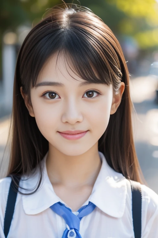 ((Cute 15 year old Japanese))、on the road、Highly detailed face、Pay attention to the details、double eyelid、Beautiful thin nose、Sharp focus:1.2、Beautiful woman:1.4、Cute Hairstyles、Pure white skin、Highest quality、masterpiece、Ultra-high resolution、(Realistic:1.4)、Highly detailed and professional lighting、nice smile、Japanese school girl uniform