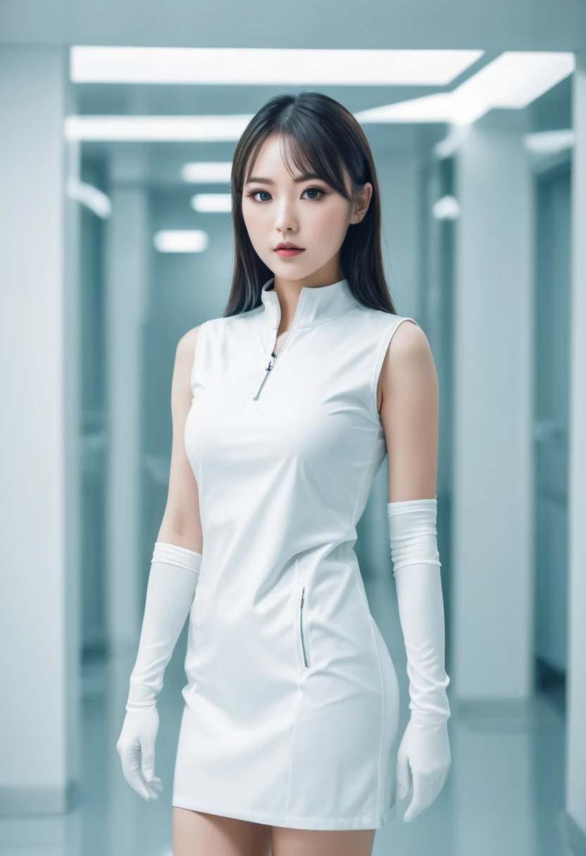 She was wearing long boots with thin white soles that reached mid-thigh, white long gloves that reached her shoulders, a white miniskirt, and a sleeveless top.、Beautiful nurse in futuristic operating room in latex uniform